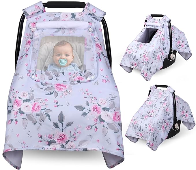 Car Seat Cover Baby, Carseat Covers Baby with 2 Layers Breathable Windows, Windproof Infant Car Seat Cover, Kick-Proof Baby Carrier Cover for Baby Girl Newborn Essentials