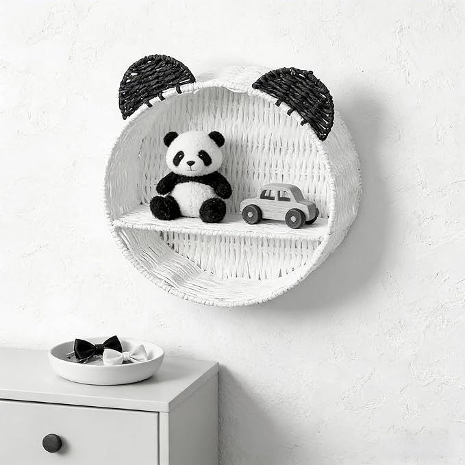 White & Black Bear Wall Shelf, Handwoven Paper Rope Wall-Mounted Floating Display Shelf, Boho Nursery & Kids Room Organizer for Small Books, Toys & Decor