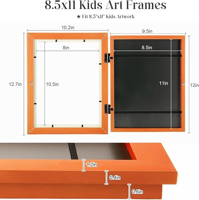 [2-Pack] Kids Art Frames, 8.5x11 Front Opening Kids Artwork Frames Changeable, Orange Artwork Display Storage Frame for Wall, Holds 50 Pcs, for 3D Picture, Crafts, Children Drawing, Hanging Art,