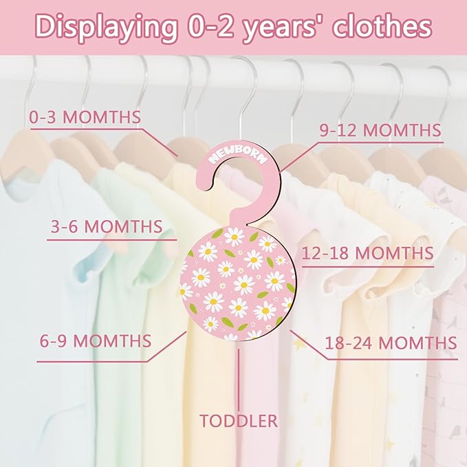 Baby Clothes Dividers for Closet - Set of 8 Wooden Baby Size Closet Dividers Newborn to 24 Months, Newborn Organizer for Girls, Daisy Floral Baby Nursery Decor Kit Newborns Gift Baby Shower
