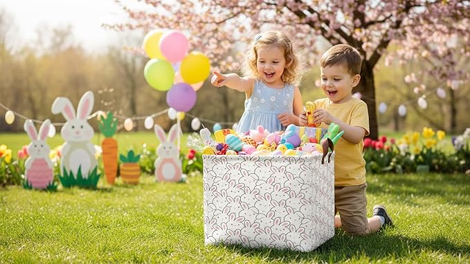 HKEC Rectangle Easter Gift Basket Empty,Collapsible Kids Toys Bin for Playroom/Bedroom,Room Decor(Bunny)
