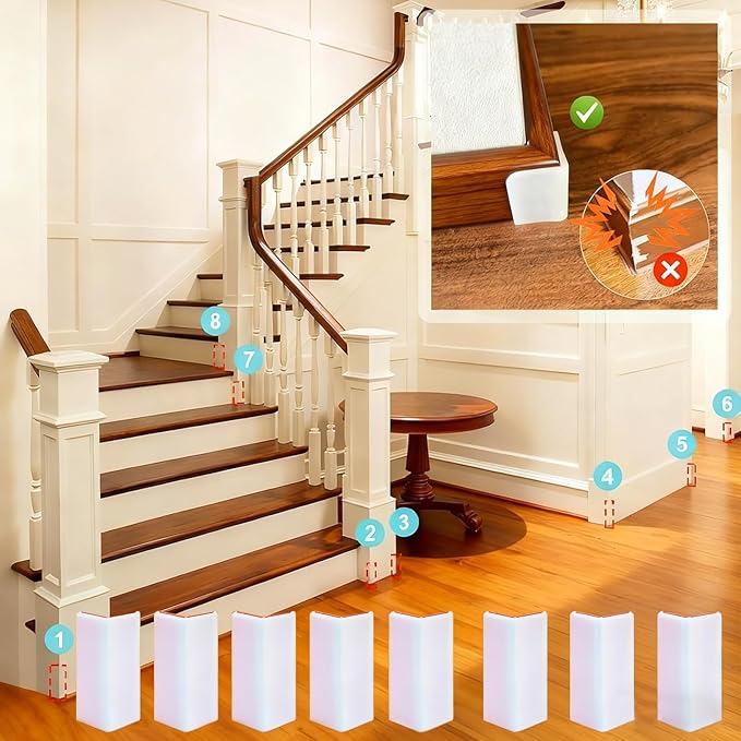 White Baseboard Corners Blocks Self Adhesive, Thickened Rubber Baby Safety Corner Protectors Cushion, Soft Edge Furniture Wall Guards (8 PCS)