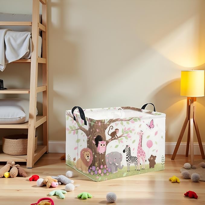 TIBAOLOVER Rectangular Baby Kids Storage Basket for Home Kitchen Girls Cute Storage Bin Organizer Shelf Book Room Decor(Pink Animal)
