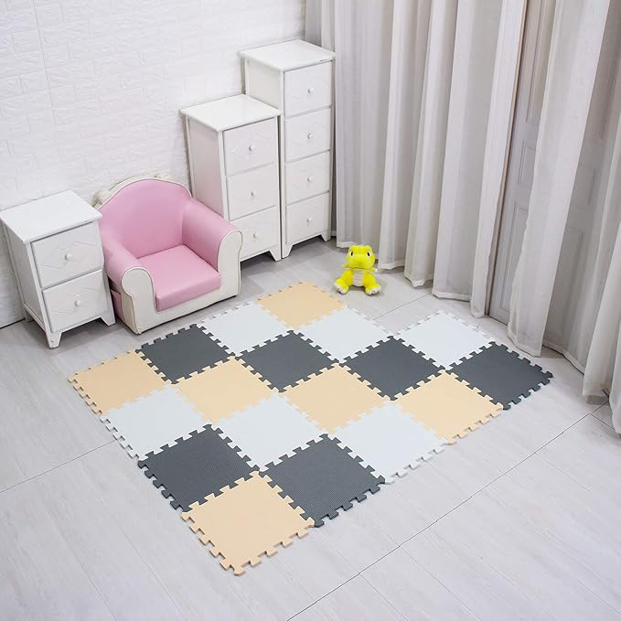 meiqicool Foam Play Mat Thick Soft EVA Interlocking Foam Floor Mats Children Yoga Exercise Multi Jigsaw Puzzle Blocking Board Kids Playmats Play White-Beige-Grey 18 Piece AJL