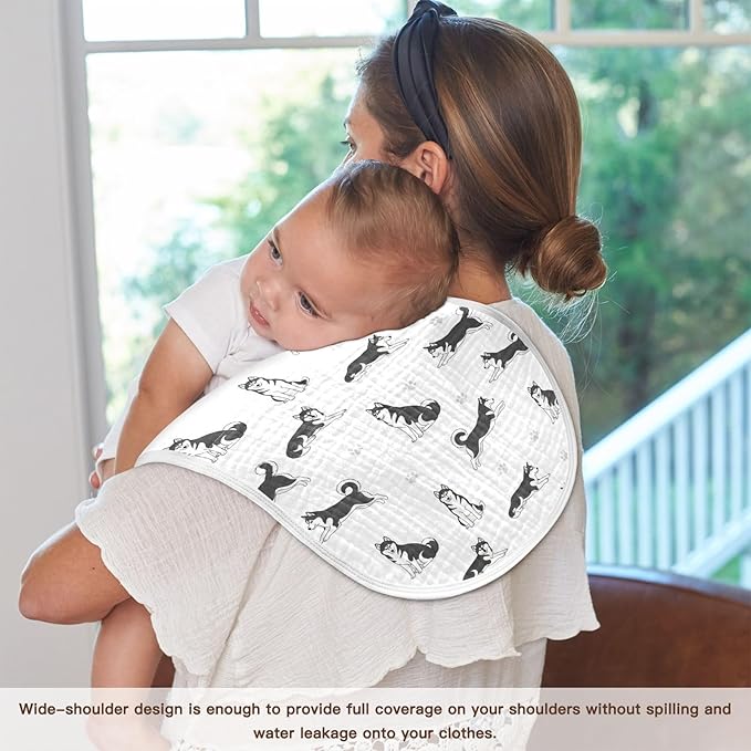 1 Pack Muslin Burp Cloths Husky Dogs White Cotton Baby Burp Cloths Ultra Absorbent Soft Burping Cloth Washcloths for Baby Boys Girls 22x11 Inch