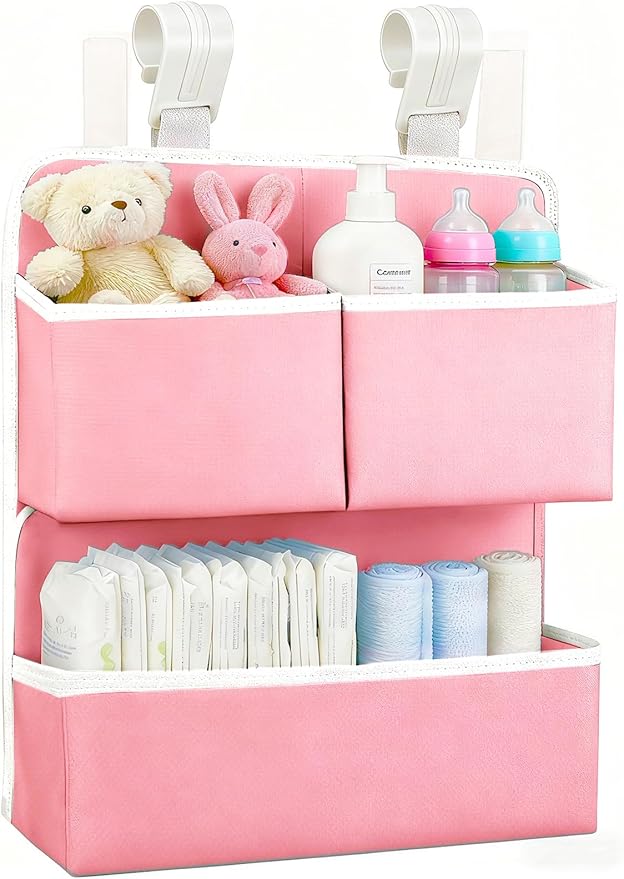 Hanging Diaper Organizer for Bassinet/Crib/Playpen/Playard – Hold 80+ Diapers - Changing Table Diaper Holder Attachment Accessories- Diaper Stacker Nursery Caddy Organizer (Pink)
