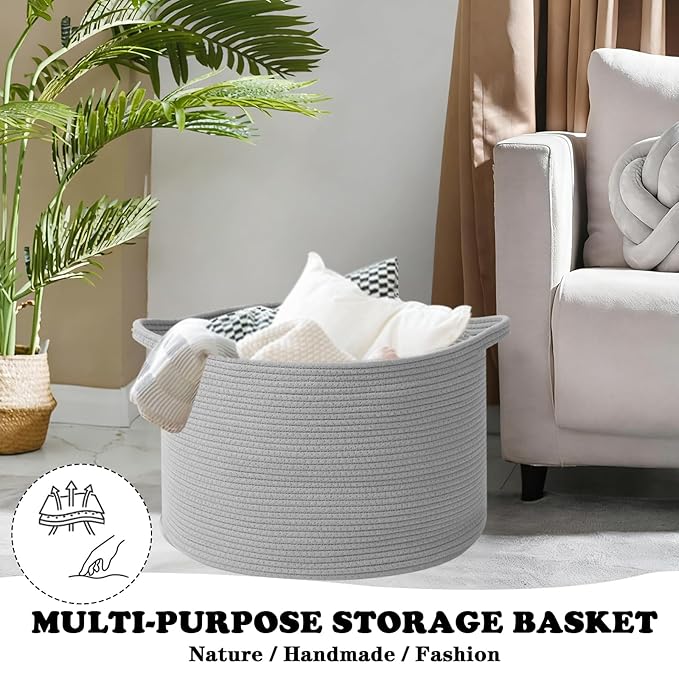Large Storage Basket with Handle,19.7" L x 19.7" W x 13" H Blanket Basket Storage Bins for Organizing,65L Cotton Rope Woven Baskets for Living Room, Nursery,Bedroom,Light Gry