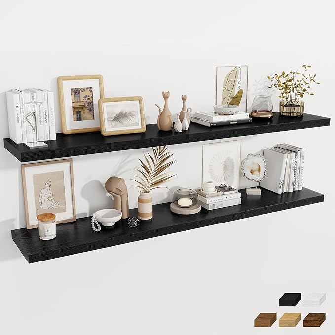 Fun Memories Black Deep Floating Shelves, 72 x 12 Inch Long Wall Shelves, Large Display Shelf & Storage Shelf, Wood Floating Wall Shelves for Fireplace Mantel, Living Room, Home Office - Set of 2