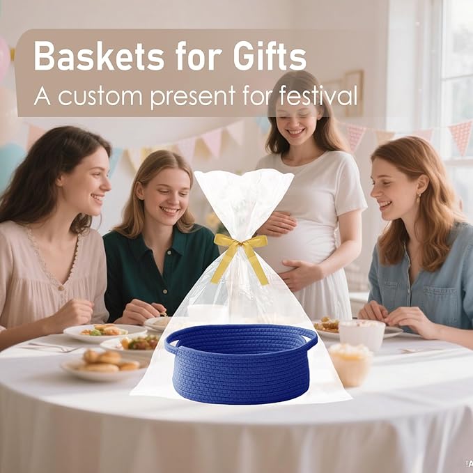 JMvicyroam Woven Basket,Small Rope Storage Bin with Handles & Ribbon Bag, Organizer for Shelves Closets,Gift Basket Empty for Birthday,Books,Dog Toys, Navy Blue