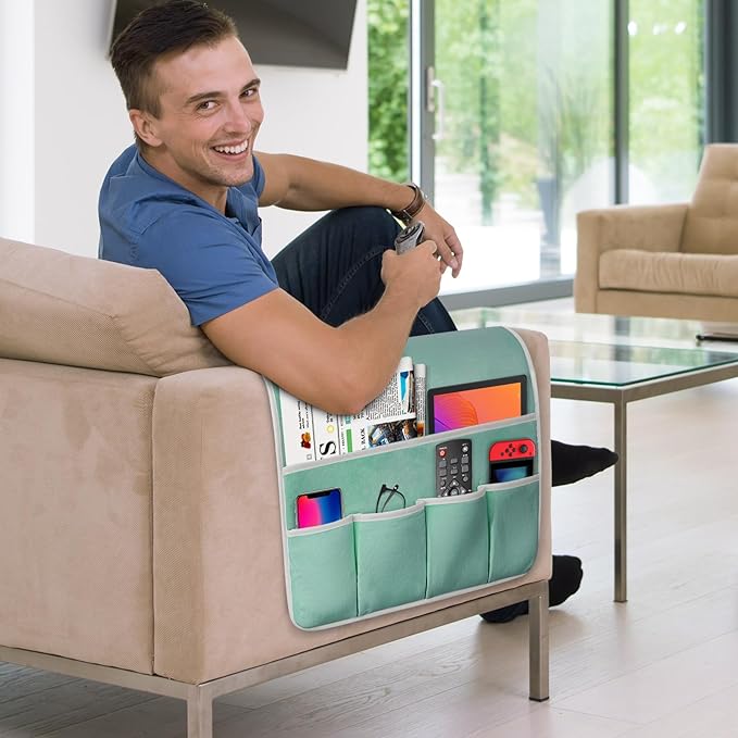 Remote Control Holder for Armchair Caddy, Couch TV Remote Holder for Bed Storage 5 Pockets，Remote Caddy Bedside Organizer Bedside Table Organizer (MintGreen, 35''x18'')