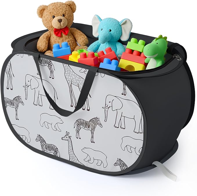 Seefoo Cute Storage Basket with Zipper Lid, Collapsible Toy Basket with Handles - Foldable, Lightweight Sturdy Fabric Animal Print Toy Bin for Kids Room, Boys/Girls Room, Playroom, Bedroom, Black