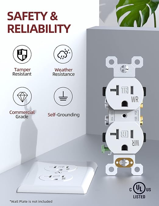 AIDA 20 Amps Outlets Duplex Electrical Receptacle Outlets,Weather Resistance & Tamper Resistant, Receptacle Wall Outlet,Residential,TR,3-Wire, Self-Grounding Clip, NEMA 5-20R,UL Listed 10 Pack, White