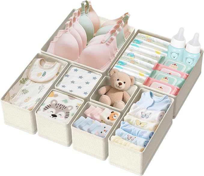 Dorisun Drawer Organizer Clothes - Dresser Organizer for Baby Clothes, Underwear, Sock - Nursery Organization - Foldable Closet Organizatio Dividers for Bra, Belt, Tie (Beige, 8 Pack)