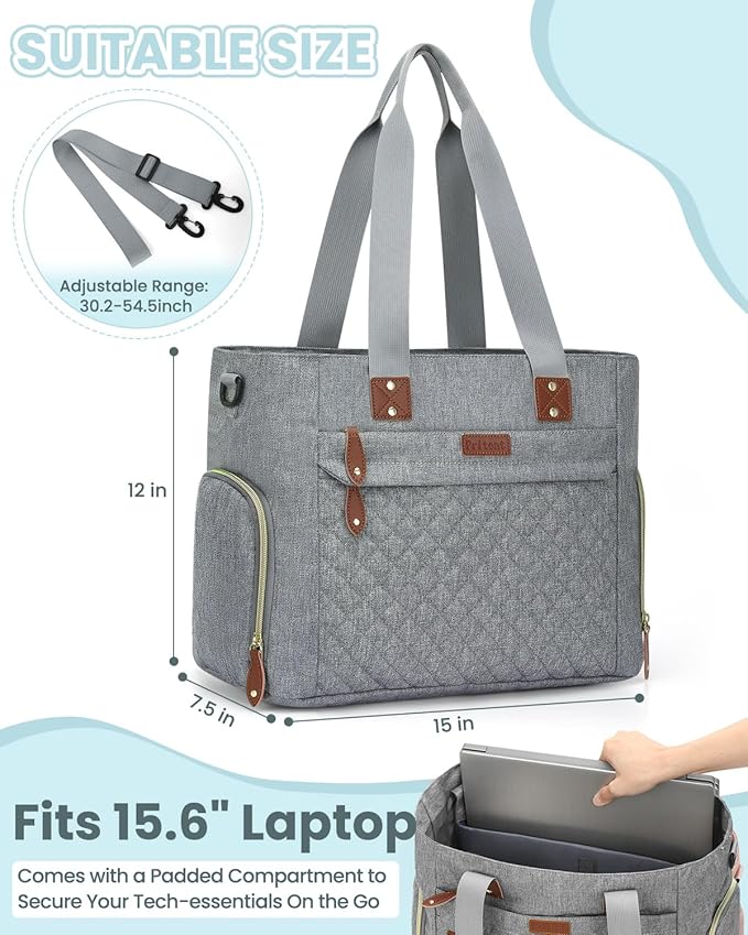 Pritent Diaper Bag Tote for Working Mom, Large Travel Diaper Tote for Mom and Dad with 14 Inch Laptop Sleeve, Mommy Maternity Travel Baby Bag for Boys and Girls, Grey