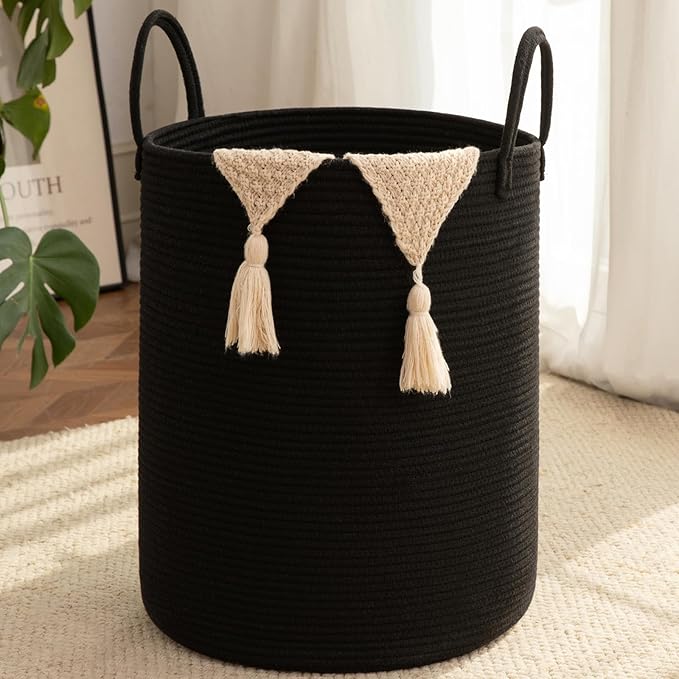 OIAHOMY Large Laundry Basket Hamper - 80L Cotton Rope Woven Basket for Blankets, Toys, Clothes - Tall Decorative Nursery Hamper with Long Handles, Black