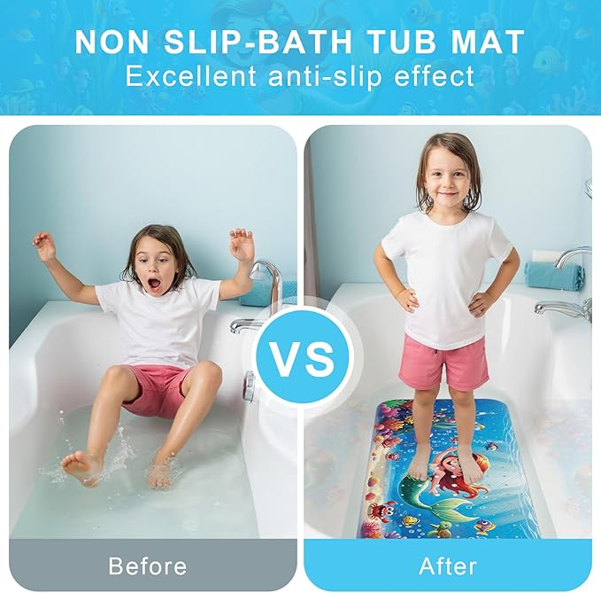 Upgrade Cartoon Baby Bath Mat Non Slip - 40"x16" Extra Long Bathtub Mat for Baby Eco Friendly Durable Bath Mat for Tub Non Slip Kids Tub Mat with Suction Cups, Machine Washable and No Fading, Mermaid