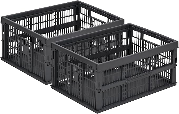 HUUSMOT 2-Pack Pastel Plastic Storage Baskets, Collapsible Crates for Organizing, Space-Saving Bins for Classroom, Kitchen, Office, Bedroom (Dark Grey, 19" x 13" x 9")