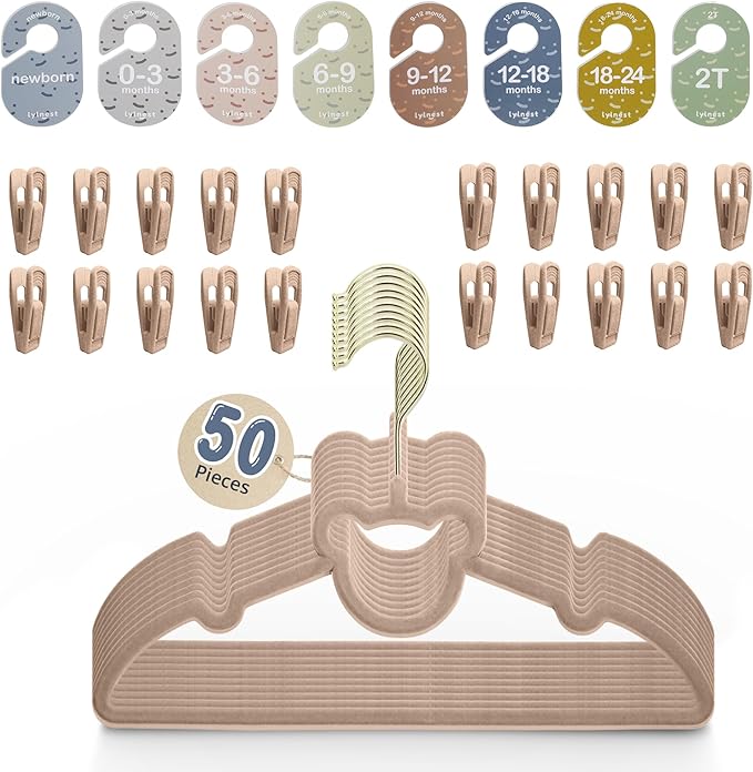 Velvet Baby Hangers with Clips – Organize Baby Clothes by Age with Size Dividers – Save Closet Space for Newborn to Toddler Outfits – Perfect Nursery Must-Have (Dune)