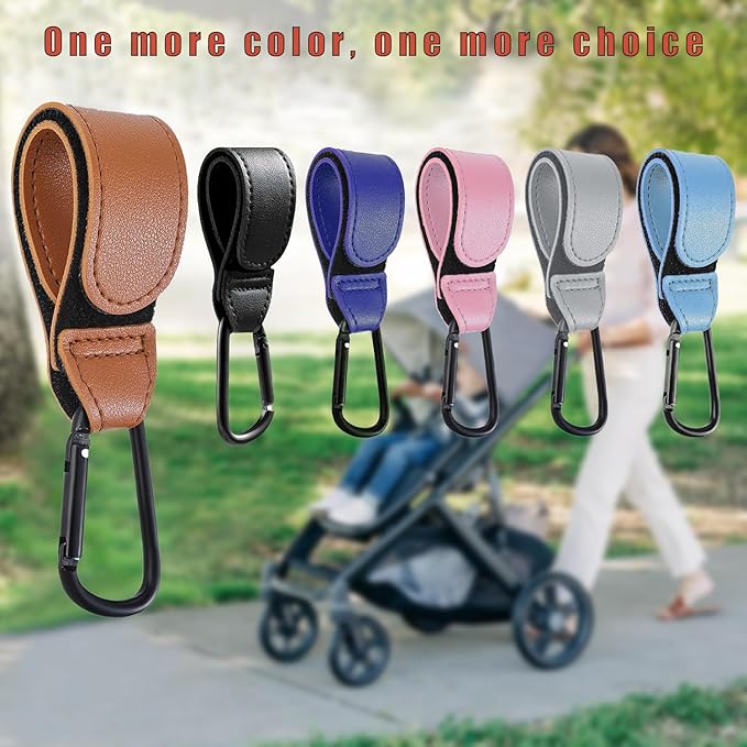 4 Pcs Leather Stroller Hook, Mommy Stroller Clip, Stroller Accessories Organizer Hook, Metal Hook for Strollers/Walkers/Mobility Scooter/Wheelchair/Rollator(Black)