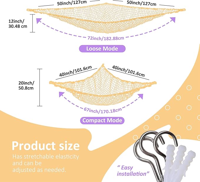 Lazebox Stuffed Animal Net Hammock for Plushie Toys, Stuffed Animal Hammock Corner for Kids' Room Decor, Ideas for Organizing Stuffy Collection, Yellow, L (67" x 40" x 40")-Pack of 1