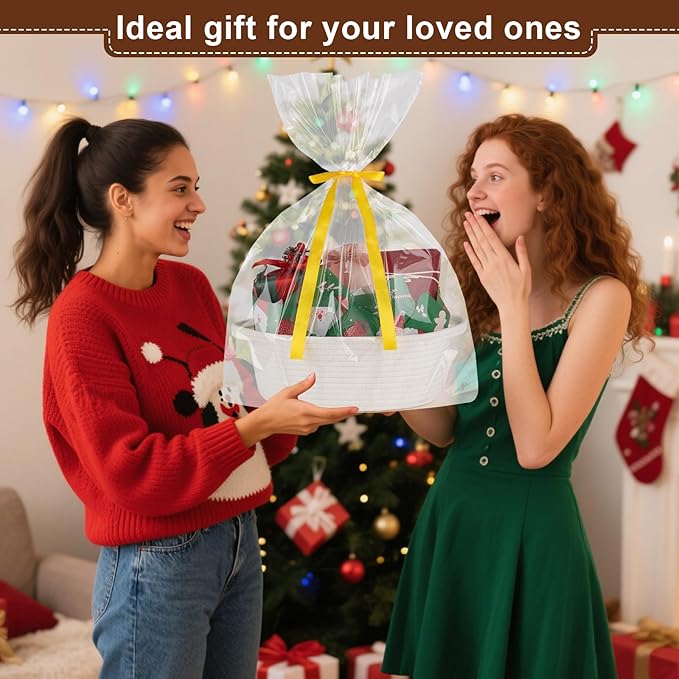 OIAHOMY Gift Basket with Handle, Small Woven Basket with Gift Bag, Ribbon and Wrap Tissue Paper, Nursery Bins Empty to Fill with Small Items, Baby, Pet Toy Organizer - White & Green