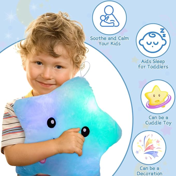 Subao Sensory Toys for Kids with Autism,14" Twinkle Star Plush Light Up Toddler Pillow,Autism Sensory Products,Toddler Travel Soft Toys,Birthday Xmas Easter Gifts for Boys Age 3 4 5 6 7 8 9 Blue