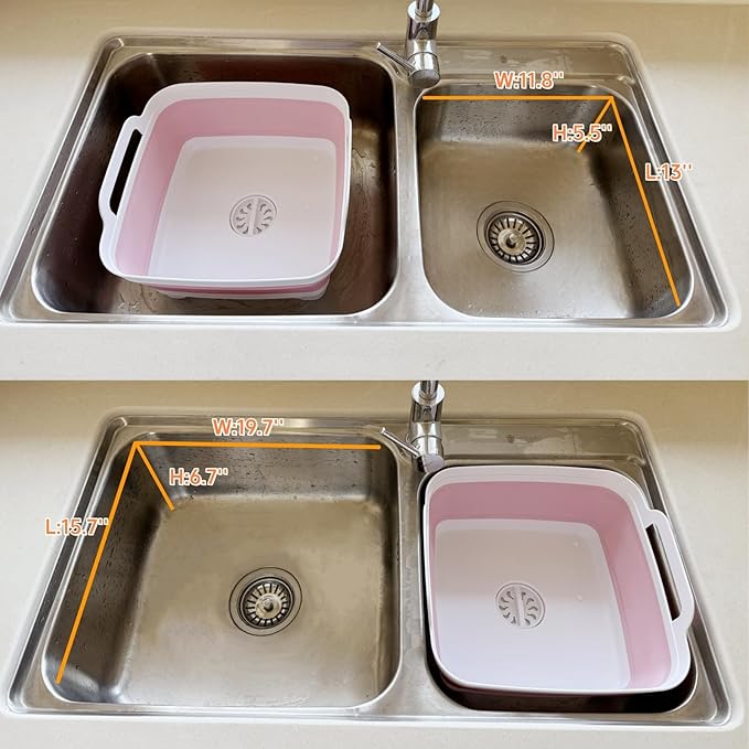 GIMWA Collapsible Wash Basin with Drain Plug - 2.4 Gallon Foldable Kitchen Sink for Baby Bottles, RV Camping, Space-Saving Dish Tub (Gray-Pink)