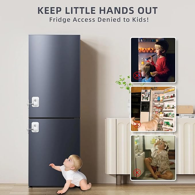 RORMGO Refrigerator Lock 2 Packs, Fridge Lock with Silicone Wire Protection Fridge Locks for Kids Easy to Use and Install Cabinet Locks with Key, White