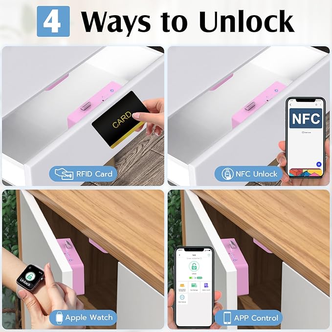 Cabinet Lock RFID Card NFC eLinkSmart Hidden Drawer Lock for Girls Women Cupboard Door Kitchen Pantry Furniture Support Phone or Watch App No Drilling Required Pink