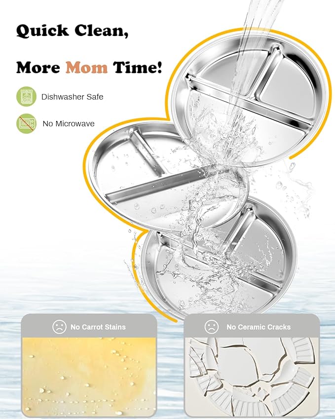 Bakpoco Stainless Steel Kids Plates 4 Packs, 8" Divided Toddlers Portion Control Plate, Non Toxic & BPA Free |Unbreakable |Dishwasher Safe Baby Snack Dish for Daycare, Restaurant Outings & Travel