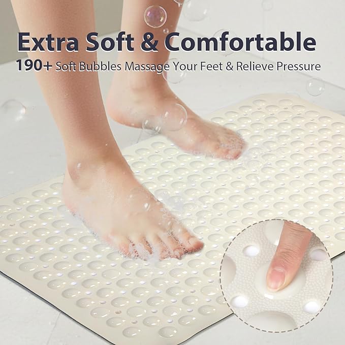 Beige Bathtub Mat Shower Mat Non Slip 17x30 Inch Standard Size, Soft Bubble Bath Tub Mat Shower Mats for Inside Shower Bathroom Floor Mat with Big Suction Cups & Drain Holes, BPA-Free