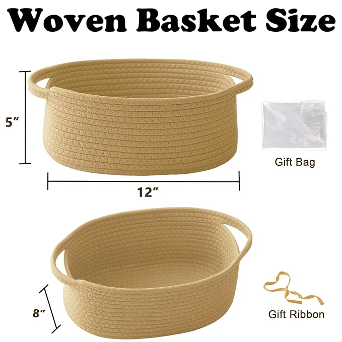 Small Woven Rope Basket-Empty Gifts Basket with Bag and Ribbons,Cute Handle Organizer Box for Birthday/Baby Shower, Toy Storage, Nursery Organizing & Shelf Decor(Jute)