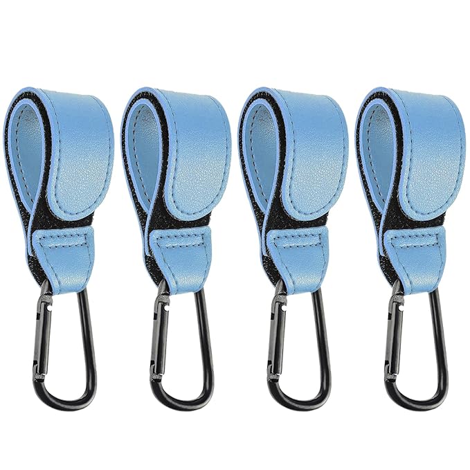 4 Pcs Leather Stroller Hook, Mommy Stroller Clip, Stroller Accessories Organizer Hook, Metal Hook for Strollers/Walkers/Mobility Scooter/Wheelchair/Rollator(SkyBlue)