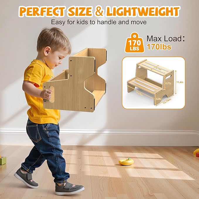 Uiirvdy Step Stool for Toddler, Sturdy Wooden 2-Step Stool with Anti-Slip Surface and Pads for Barthroom, Kitchen, Bedroom, Toilet, and Potty Training - 1 Pack