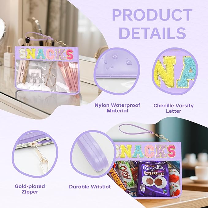 Chenille Letter Clear Zipper Pouch for Travel Preppy Patch Makeup Bag-Nylon Cosmetic Preppy Makeup Waterproof Organizer Bag Set for Women Valentines Bag (ZS-SNACK)