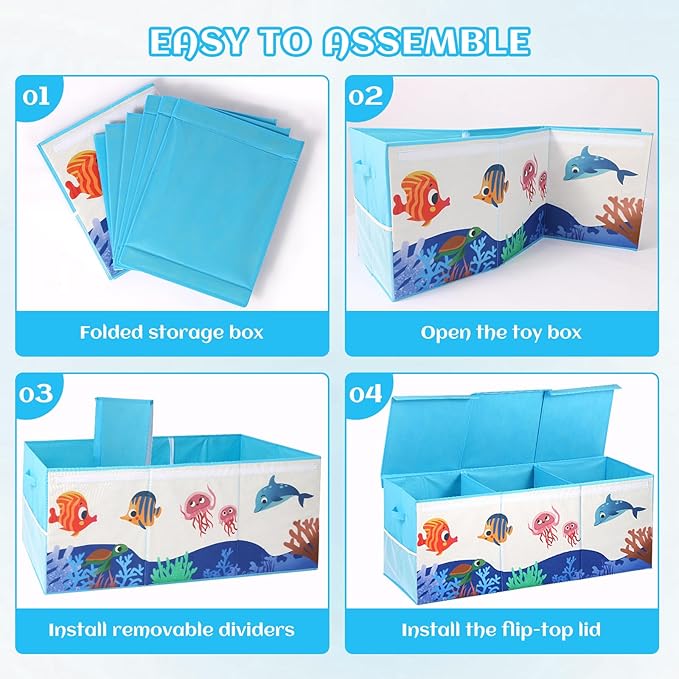Dqoetort Extra Large Toy Box, Collapsible Storage Organizer with Lids, Sturdy Ocean Toy Chest for Boys Girls, 40"x14"x16" Kids Storage Bin Box Baskets for Living Room, Playroom, Bedroom, Nursery
