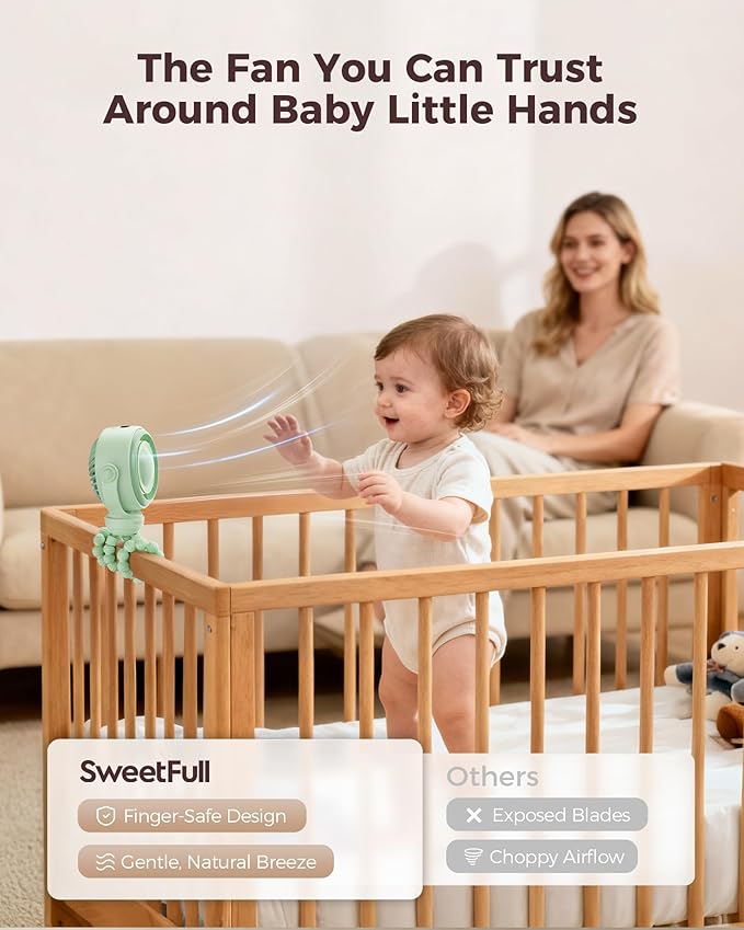 SWEETFULL Baby Stroller Fan - 4000mAh Rechargeable 4-Speed Quiet with LED Display & Night Light, Mini Portable 360° Clip On Safe Fan for Car Seat, Crib, Travel - Green