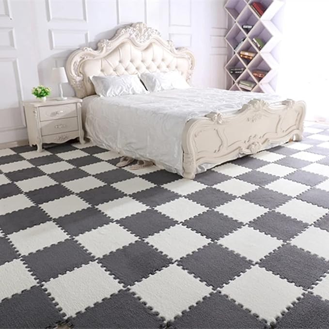 12pcs Plush Puzzle Foam Floor Mat, Soft Fluffy Interlocking Square Foam Tiles Area Rugs Carpet for Parlor Bedroom Decoration(11.8x11.8x0.4in, Grey&White)