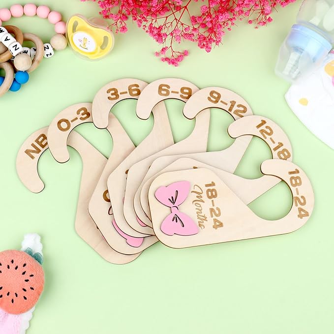 Bnesi Wooden Closet Dividers Wooden Bow Dividers for Closet Set of 7 Double-Sided Newborn Clothes Size Hanger Dividers from Newborn to 24 Months Pink Nursery Decor (Cute)
