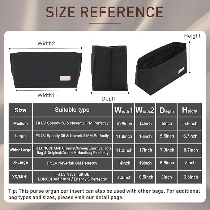 Doxo Purse Organizer Insert Handbag Tote Felt Bag Fit L Neverfull GM & Base Shaper 2pc Set (X-Large, Black-Combination)