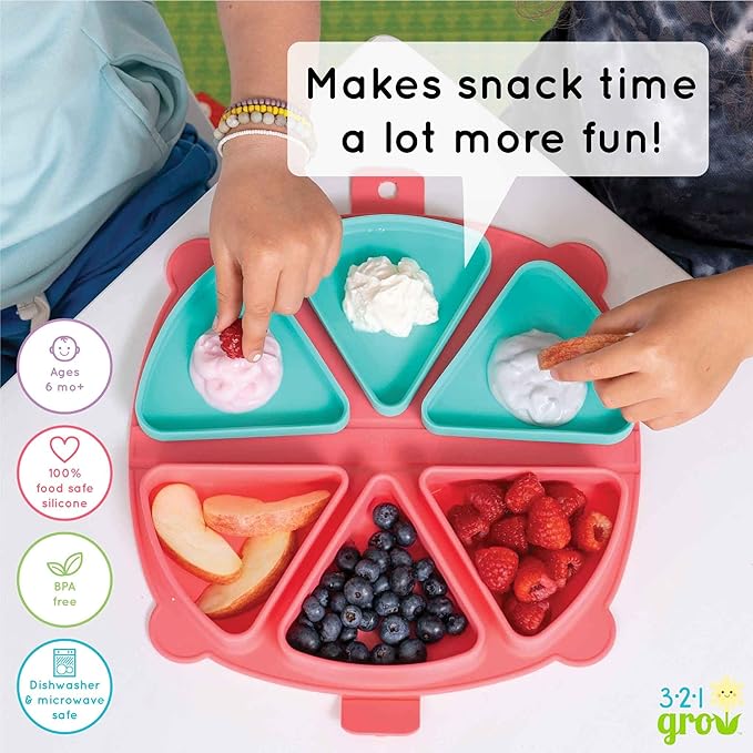 Silicone On-The-Go Snack Mat – Foldable Reusable Placemat with 3 Compartments and Lids – Travel-Friendly Baby and Toddler Snack Plate – Dishwasher Safe (Cotton Candy)