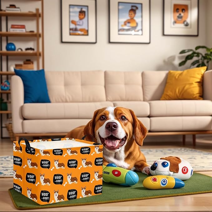 ASKETAM Woof Dog Basket Storage Bin for Chew Toys Pet Supplies & Pet Organizer Dog room decor (Orange)
