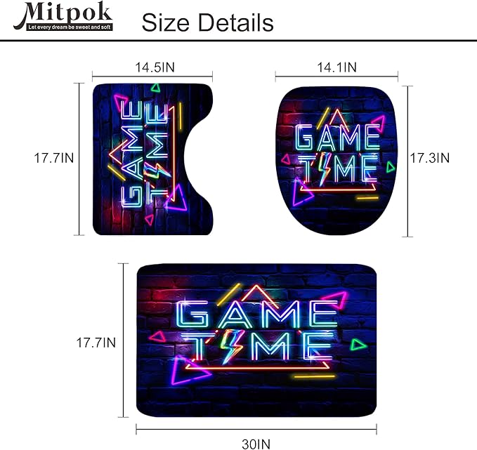 4 PCS Game Time Shower Curtain Set 72Wx72H Funny Neon Gaming Boys Children Bathroom Set Non-Slip Bath Rug Toilet Lid Cover U Shape Mat Complete Bathtub Accessories with 12 Hooks Bathroom Decor