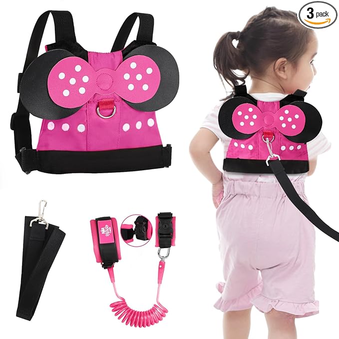 Lehoo Castle Toddler Leash for 1-5 Years, Baby Safety Harness for Girls with Anti-Lost Key Lock & Adjustable Strap, 3-in-1 Wrist Leash and Kids Backpack Harness for Walking Travel (Pink Minnie Mouse)