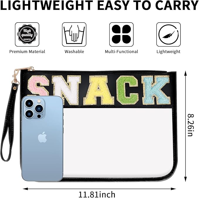 Iqimott Chenille Letter Clear Bag Snack Pouch, Monogram PVC & PU Makeup Cosmetic Bag Zipper Toiletry Pouch, Waterproof Portable Purse Travel Beach Snack Wristlet Bags for Women Girls(Snack, Black)