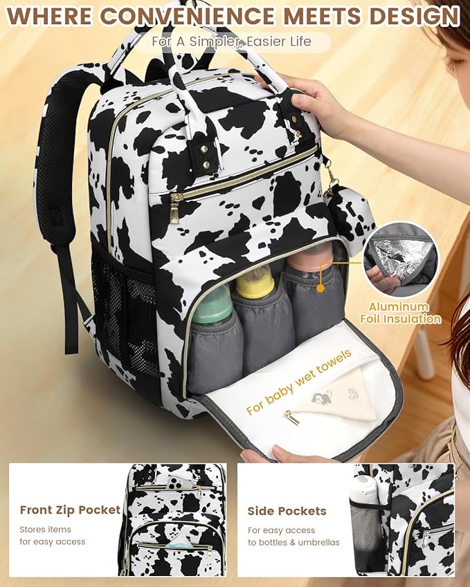 Pritent Diaper Bag Backpack,Baby Essentials Diapers Bag with Pacifier Case,Multipurpose Stylish Large Capacity Travel Backpack for Baby Girl/Boy(M-Cow Print)