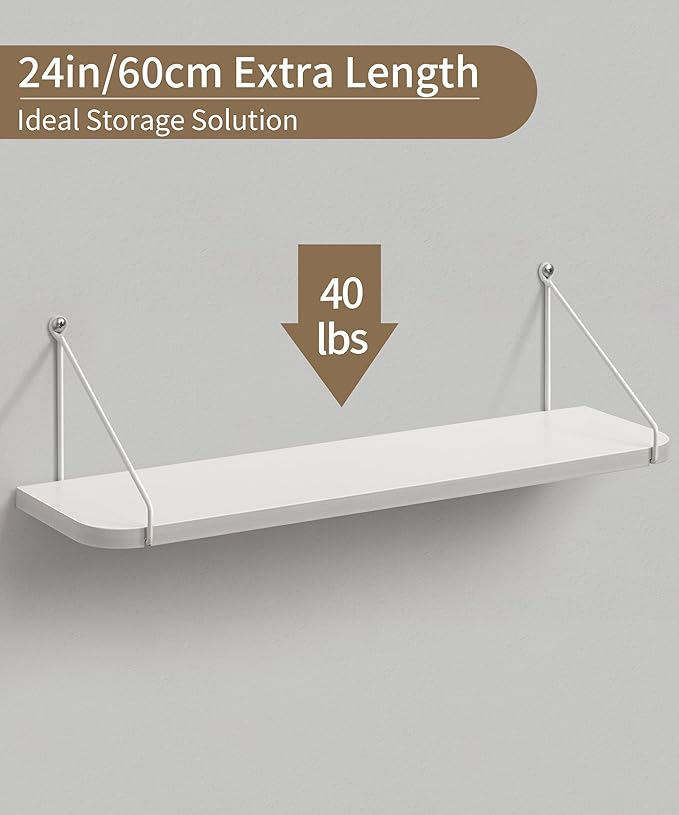 Afuly White Floating Shelves, 24 inch Long Shelves for Wall, Hanging Storage Shelf for Kitchen Bedroom Living Room, Wood Chic Wall Decor, Set of 2