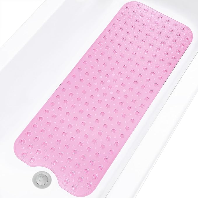 Linoows Bathtub and Shower Mats, Extra Long Non-Slip Bath Tub Mat 39 x 16 Inch, Machine Washable Bathmat with Suction Cups & Drain Holes for Bathroom Floor, Clear Pink