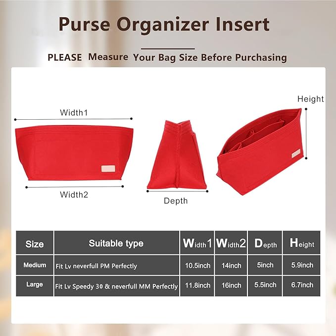 Purse Organizer Insert with Base Shaper,Felt Tote Bag Organizer Insert Compatible with Speedy 30 Neverfull MM,City 33 and More,Bag Inner Shaper for Luxury Bags,Red/L