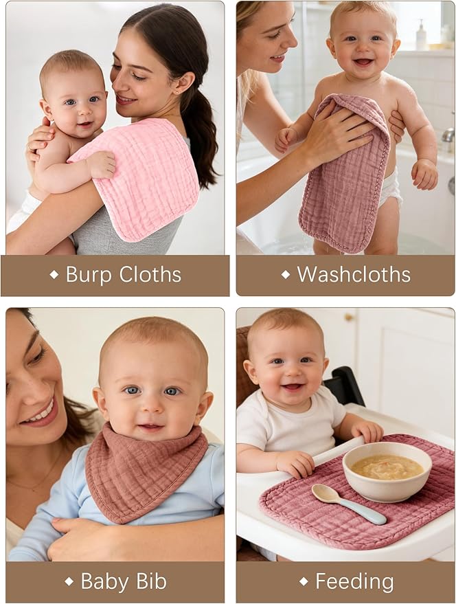 Lovely Care 12 Pack Muslin Burp Cloths 100% Cotton Muslin Cloths Large 20''x10'' Extra Soft and Absorbent Baby Burping Cloth - Blush and Terracotta